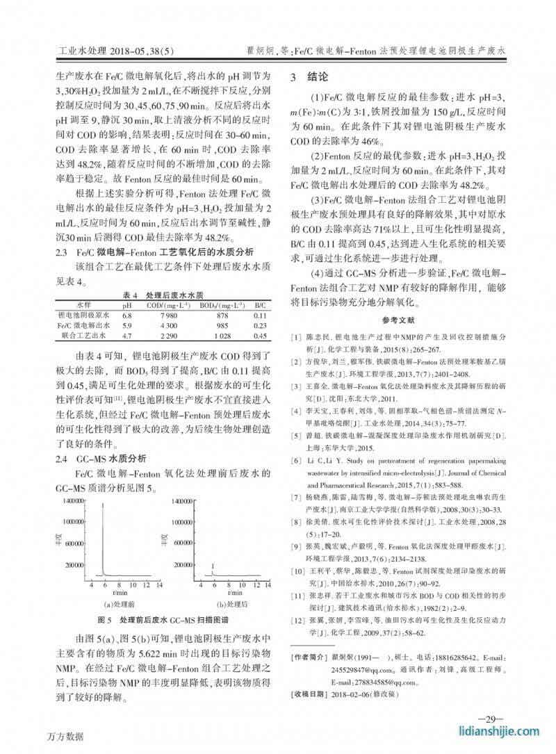 Fe/C微電解-Fenton法預(yù)處理鋰電池陰極生產(chǎn)廢水